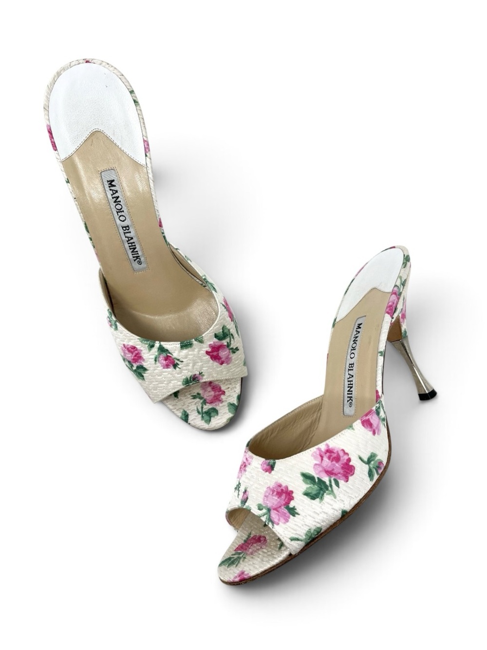 Vintage Vtg Manolo Blahnik Y2K Floral Slide Sandals Mules Heels White Pink 37.5